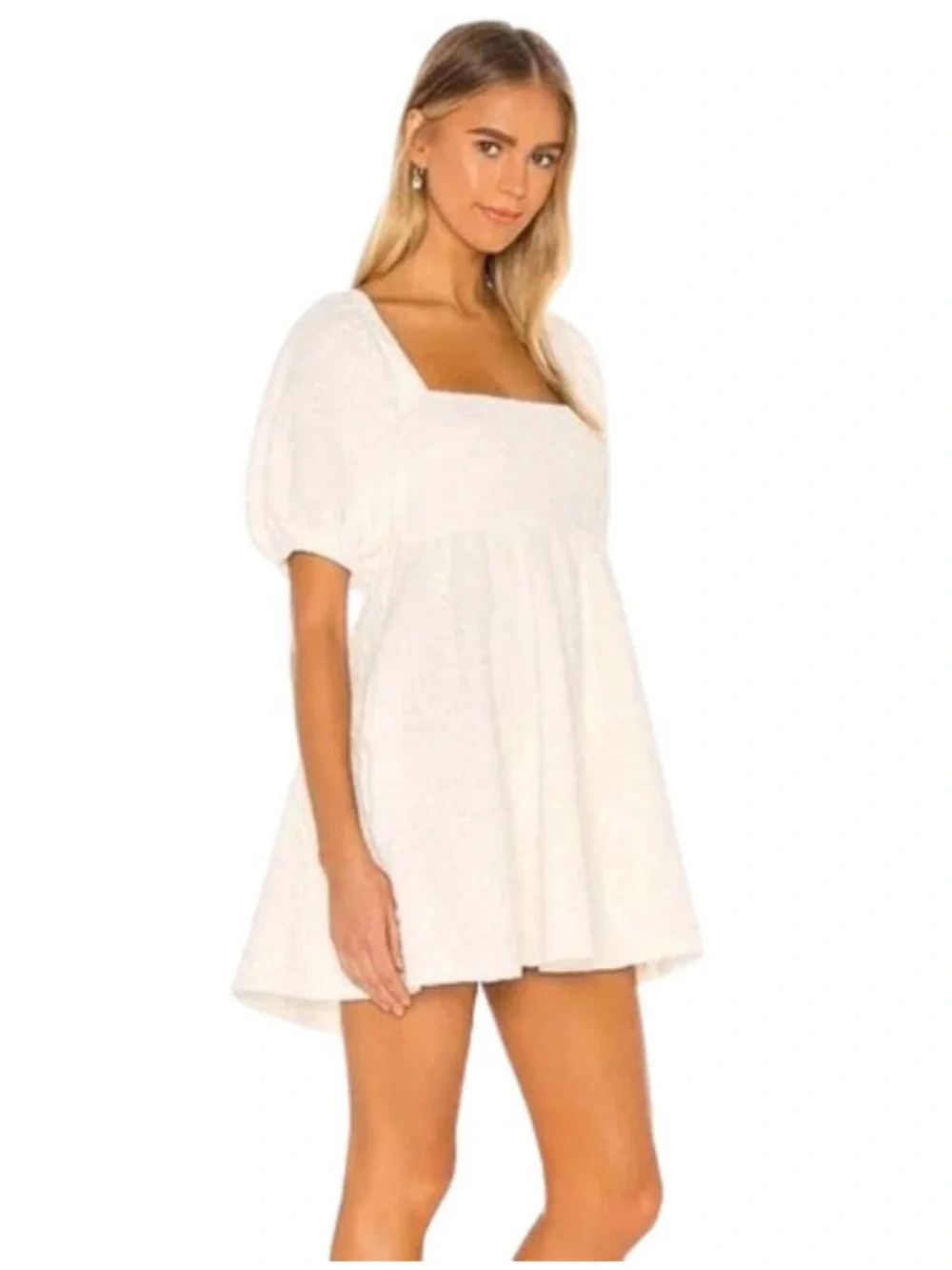 Free People Violet Baby Doll Mini Dress White Puff Sleeve Open Back Small NWOT